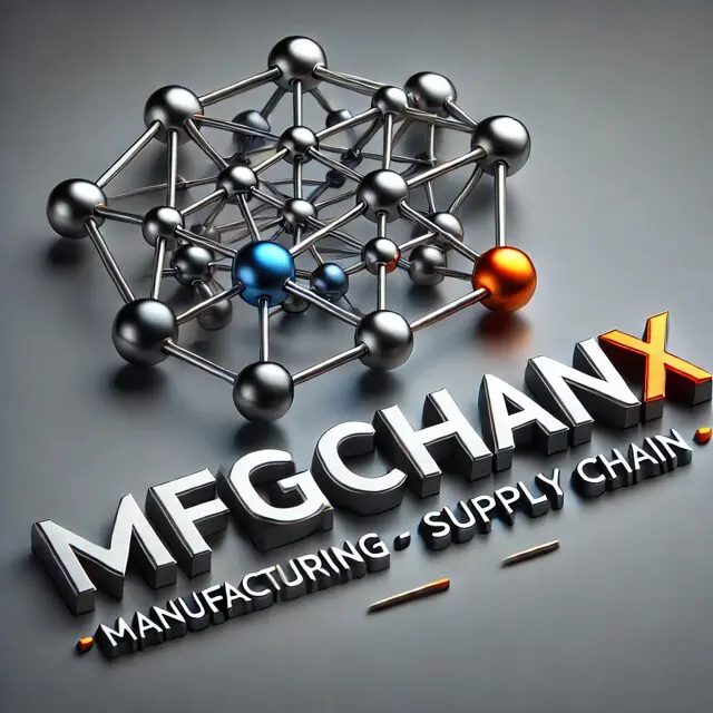 A 3 d logo with the words manufacturing supply chain and an image of molecules.